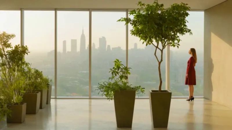 Mujer contempla una planta en un loft