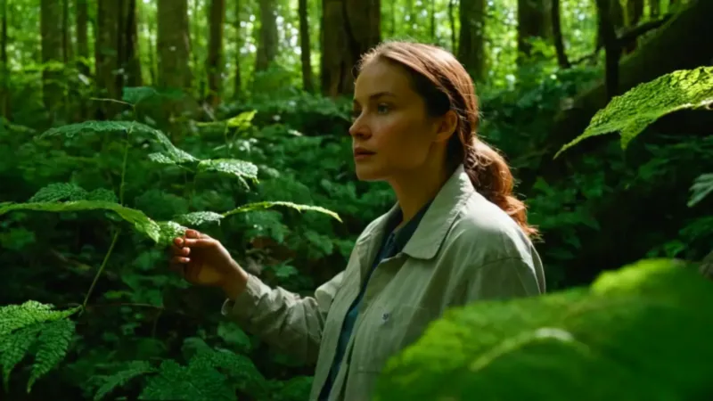 Mujer examina bayas en la selva
