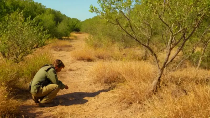 Persona examina un arbusto en tierra seca
