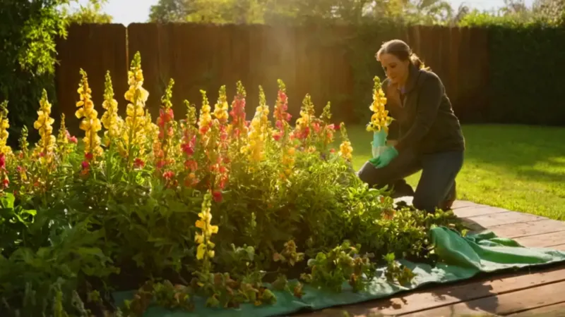 Una persona rocía unas plantas marchitas