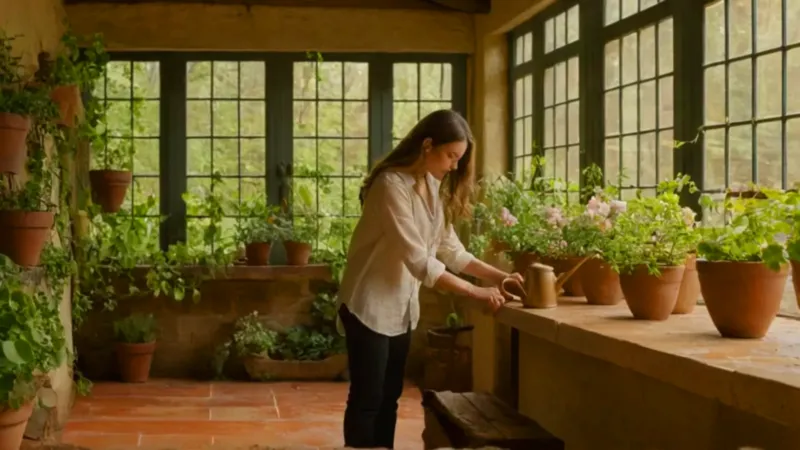 Mujer cuida una planta en el invernadero