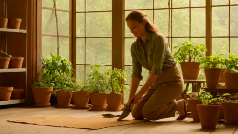 Mujer atiende su planta en el invernadero