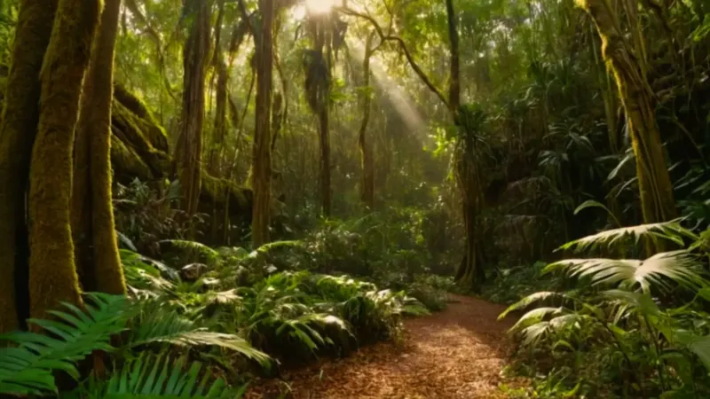 Una figura contempla la selva iluminada