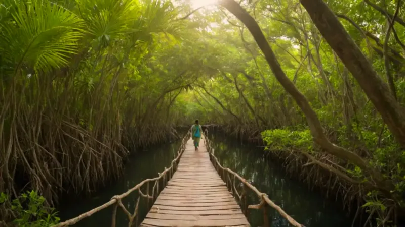 Un explorador en una pasarela selvática