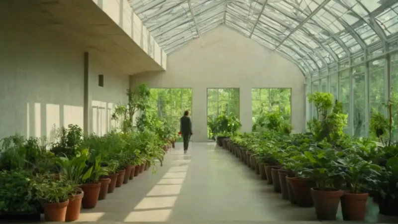 Alguien observa plantas en un invernadero luminoso