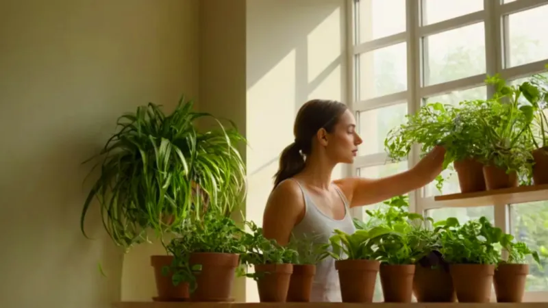 Una mujer cuida sus plantas soleadas