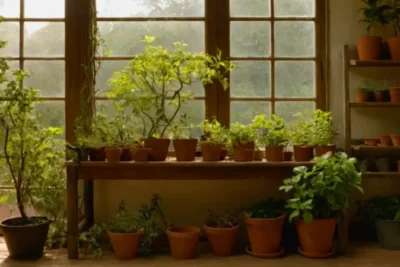 Alguien cuida una planta en un cuarto soleado