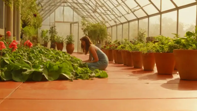Figura arrodillada en un invernadero iluminado