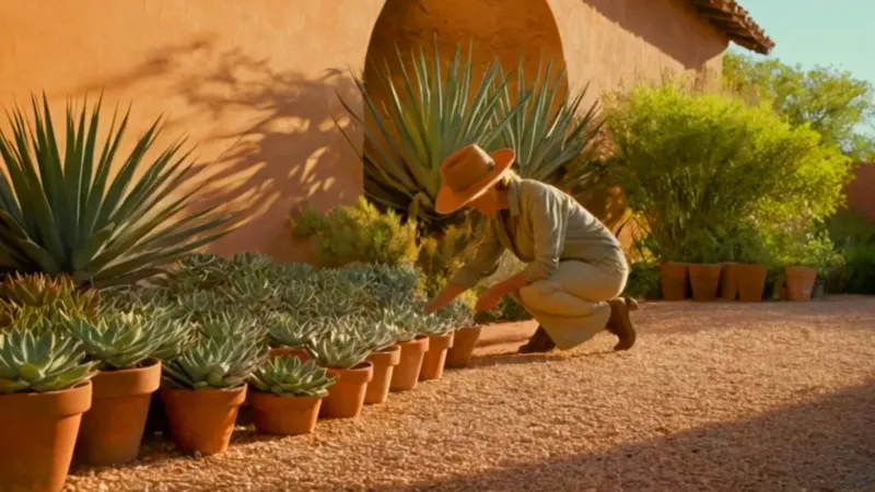 Un jardinero cuida un agave al sol