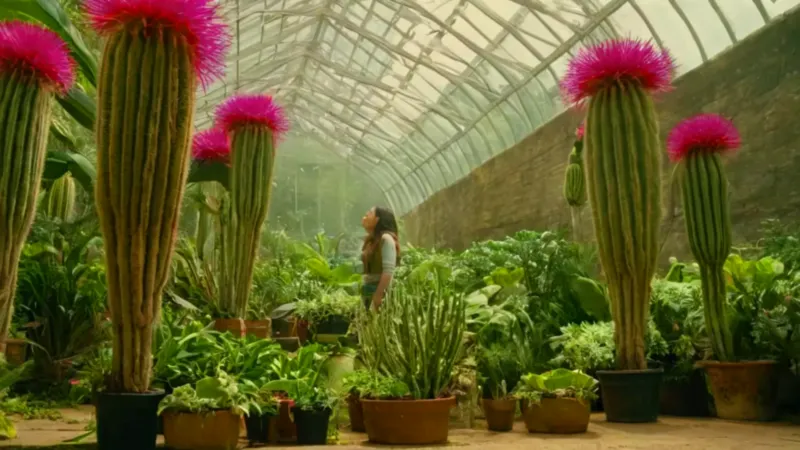 Persona contempla un enorme cactus en flor