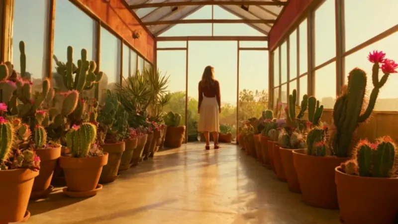 Persona contempla un cactus en invernadero