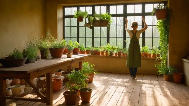 Persona cuidando plantas en un invernadero soleado