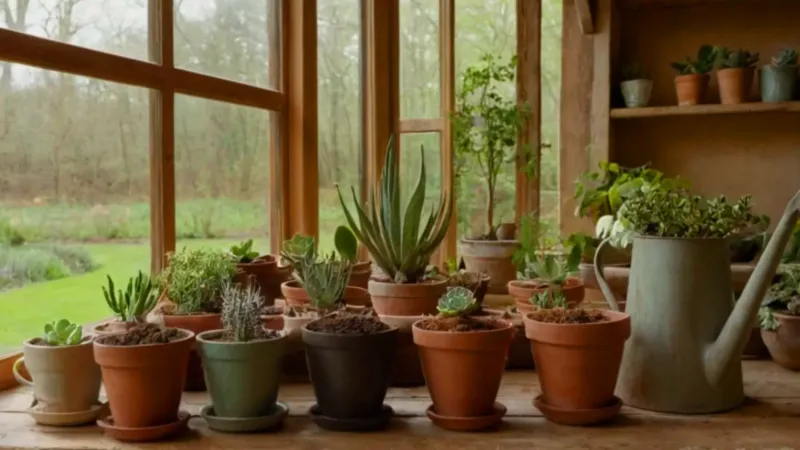 Persona cuidando plantas en un invernadero luminoso