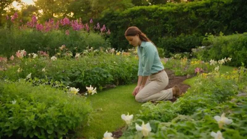 Persona contempla flores en un jardín