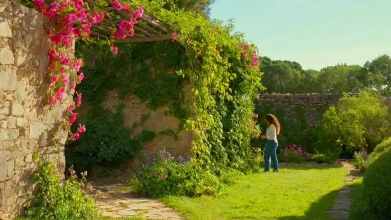 Persona examina una planta en el jardín