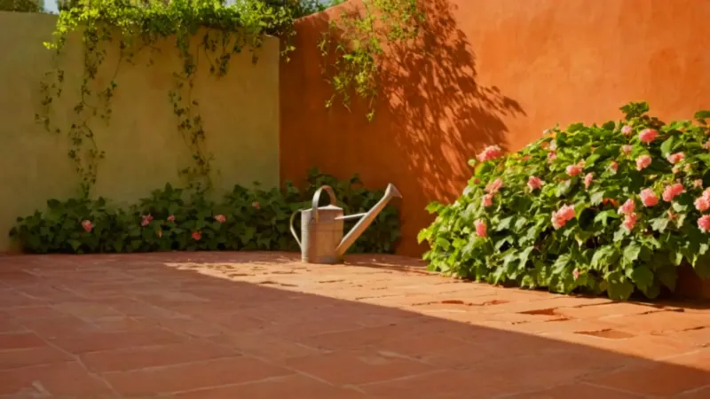 Una persona cuida su jardín al atardecer