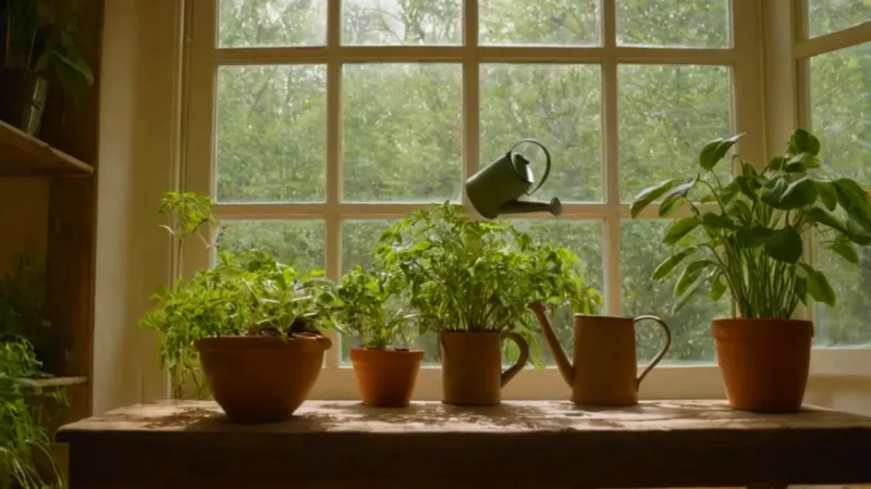 Persona cuidando plantas en una habitación soleada