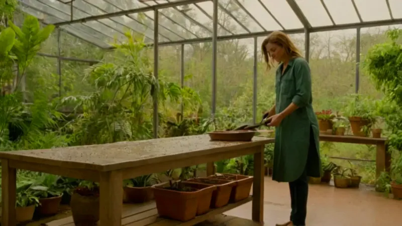 Una jardinera cuida plantas en su invernadero