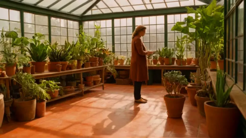 Persona cuida plantas en invernadero soleado
