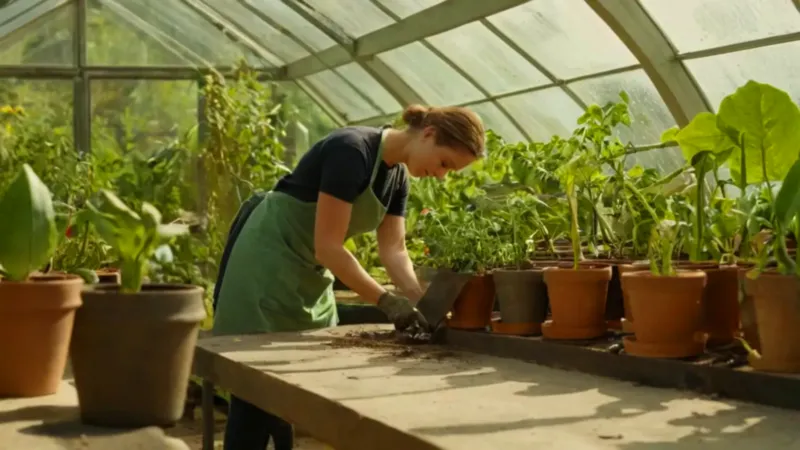 Un jardinero trabaja en su invernadero