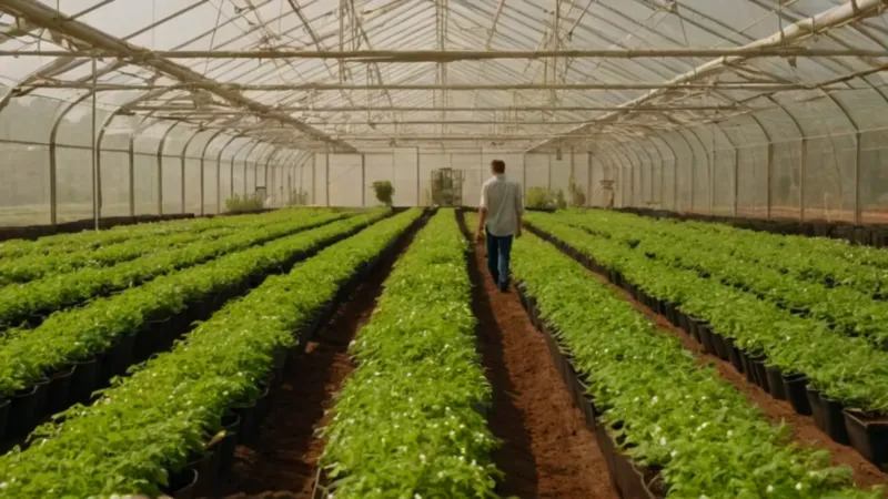 Un agricultor solitario en su invernadero