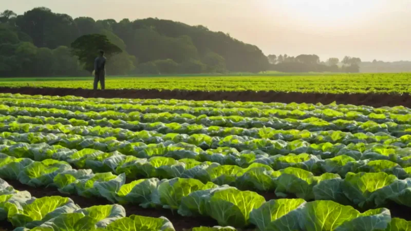 Un campesino cosecha coles en el atardecer