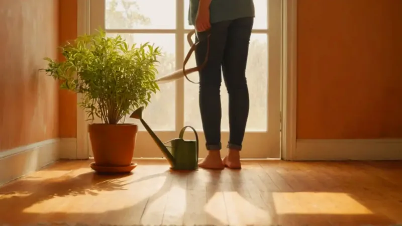 Persona riega una planta en un cuarto luminoso