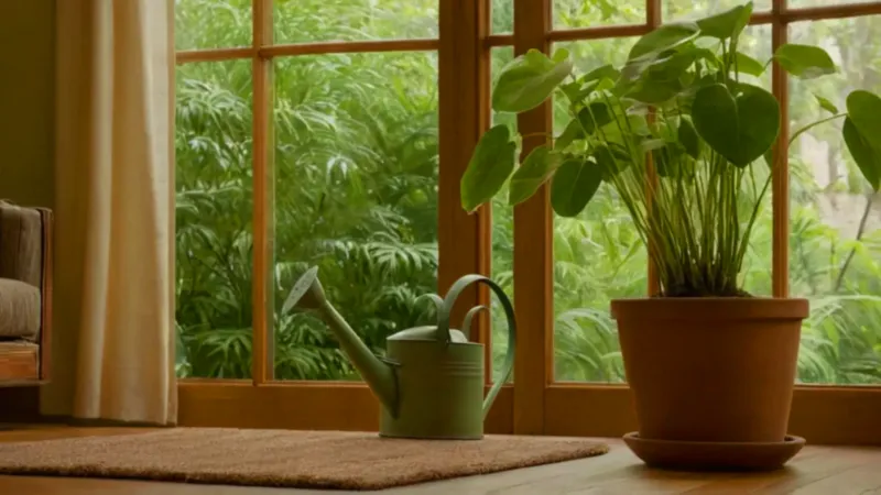 Una persona riega una planta al sol