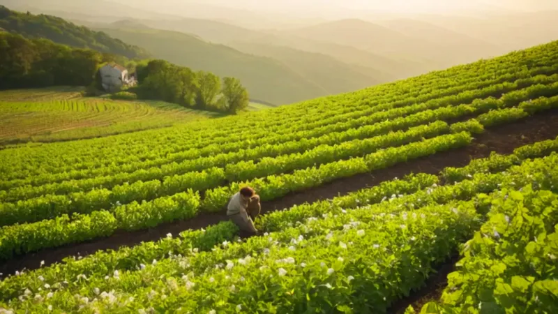 Campesino cultiva la tierra al atardecer
