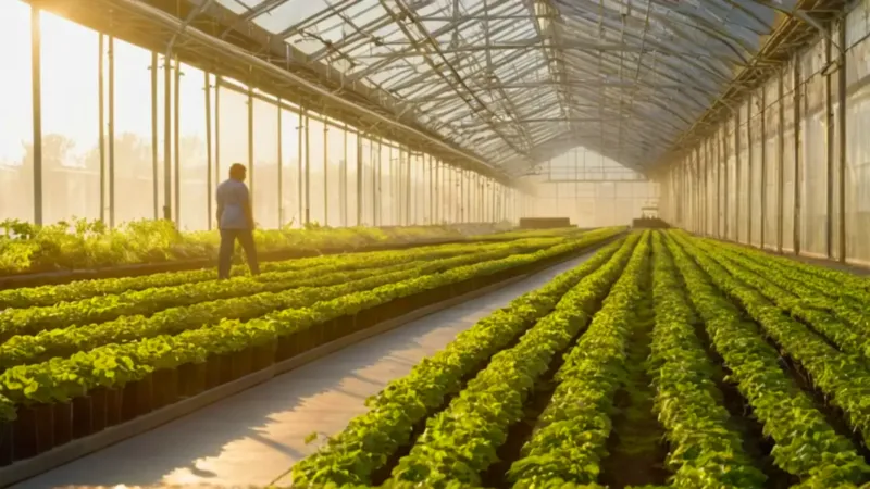 Una figura solitaria en un inmenso invernadero