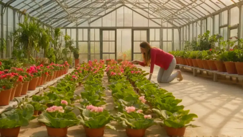 Una persona cuida plantas en un invernadero