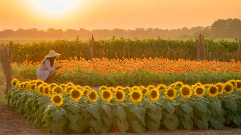 Jardinero cuida su huerto al atardecer