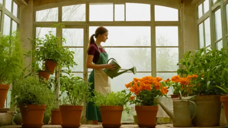 Mujer cuidando plantas en un invernadero soleado