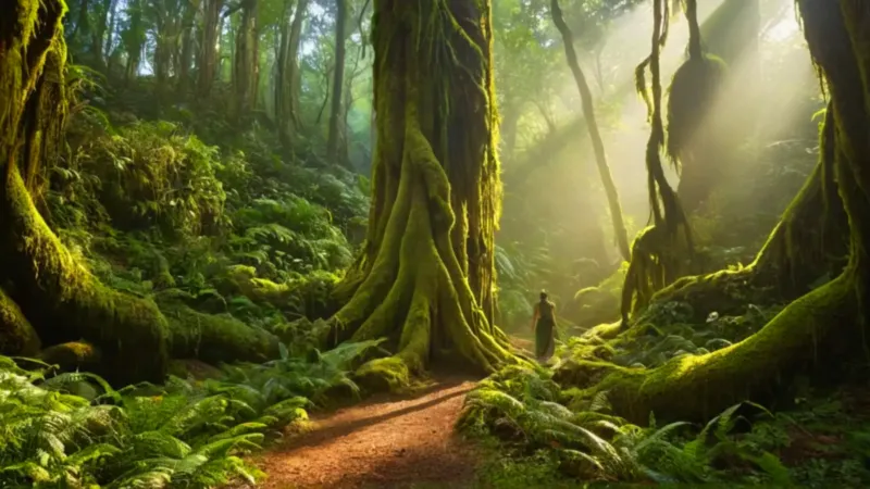 Humano diminuto en una selva colosal