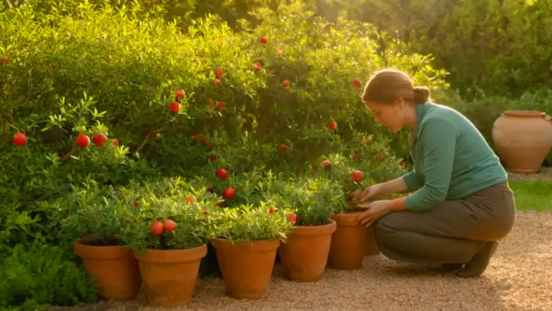 Alguien cuida plantas en un jardín soleado