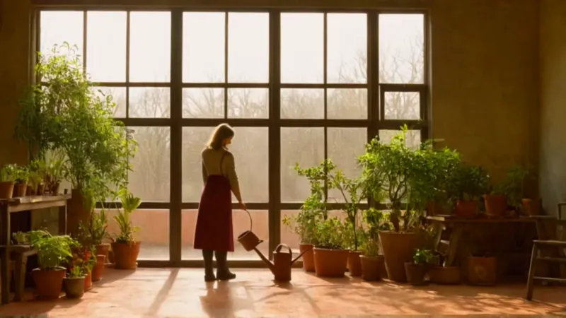 Persona cuidando plantas en un taller soleado