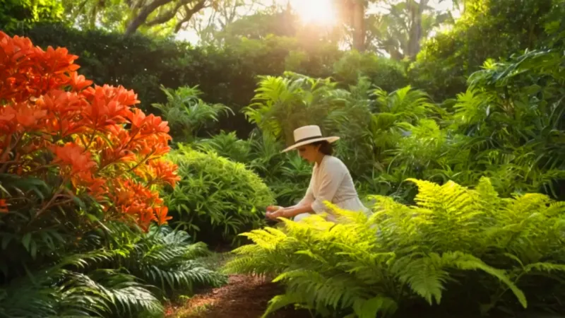 Una figura cuida un jardín muy soleado
