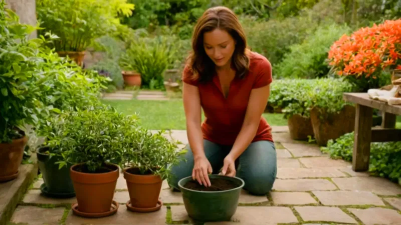 Mujer cuida sus plantas en un patio