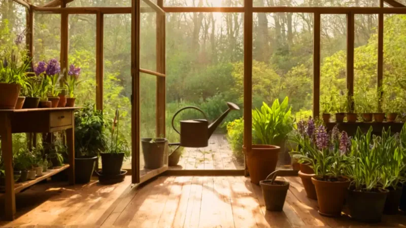 Jardinería en un invernadero soleado
