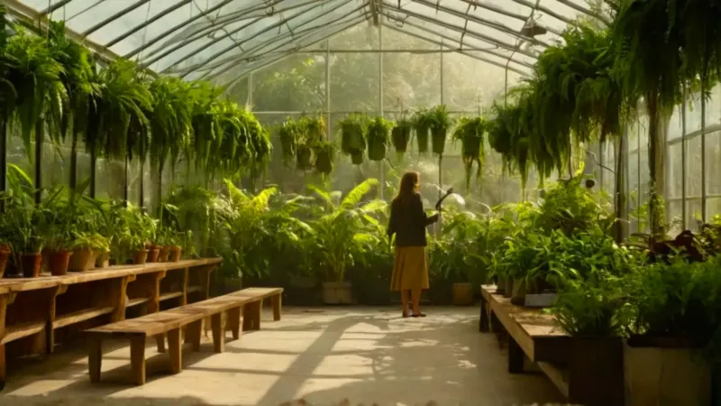 Persona cuidando plantas en un invernadero
