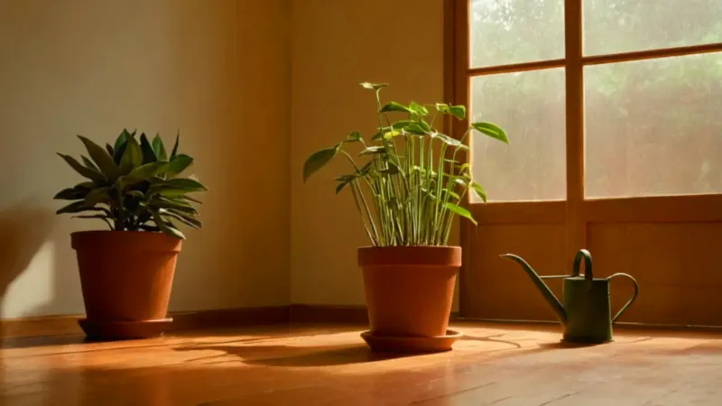 Alguien cuida una planta a contraluz