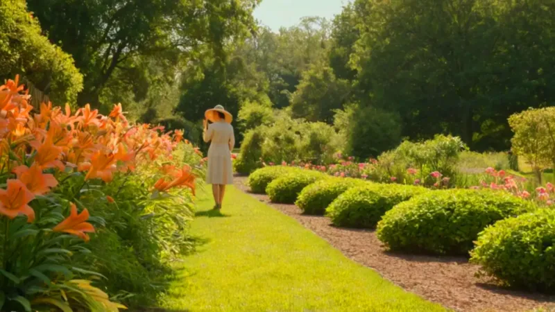 Mujer cuidando flores en un jardín soleado