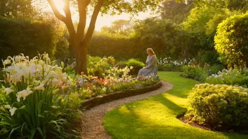 Una mujer cuida su jardín al atardecer