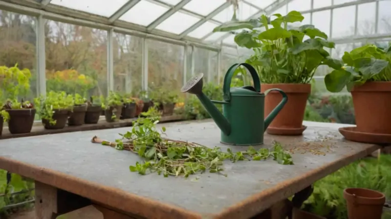 Jardinero trabajando en un invernadero invernal