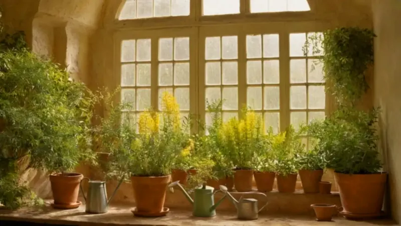 Persona cuidando plantas en un invernadero luminoso