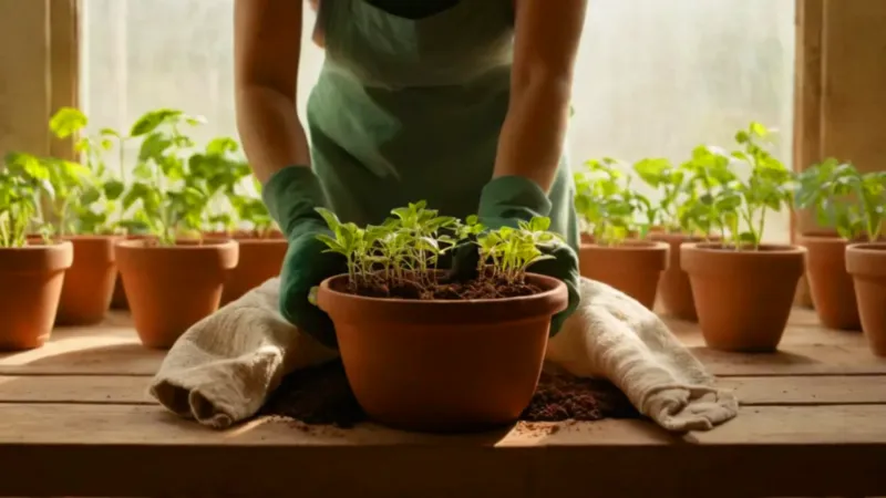 Alguien planta un bulbo en el invernadero