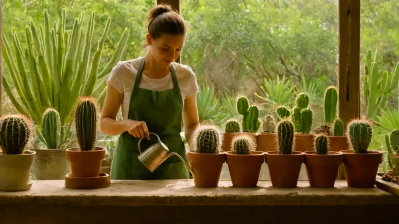 Una persona riega plantas en un invernadero