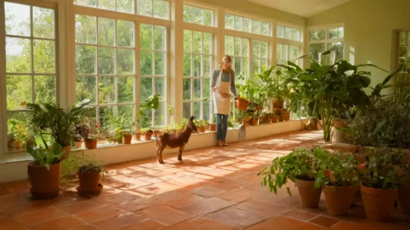 Una persona riega plantas en un invernadero