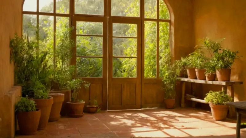 Escena tranquila en un patio rústico soleado