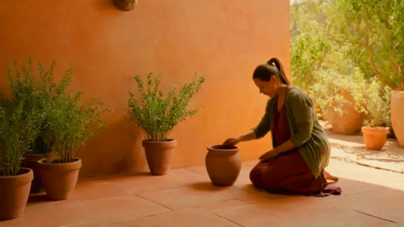 Persona cuida una planta en patio soleado